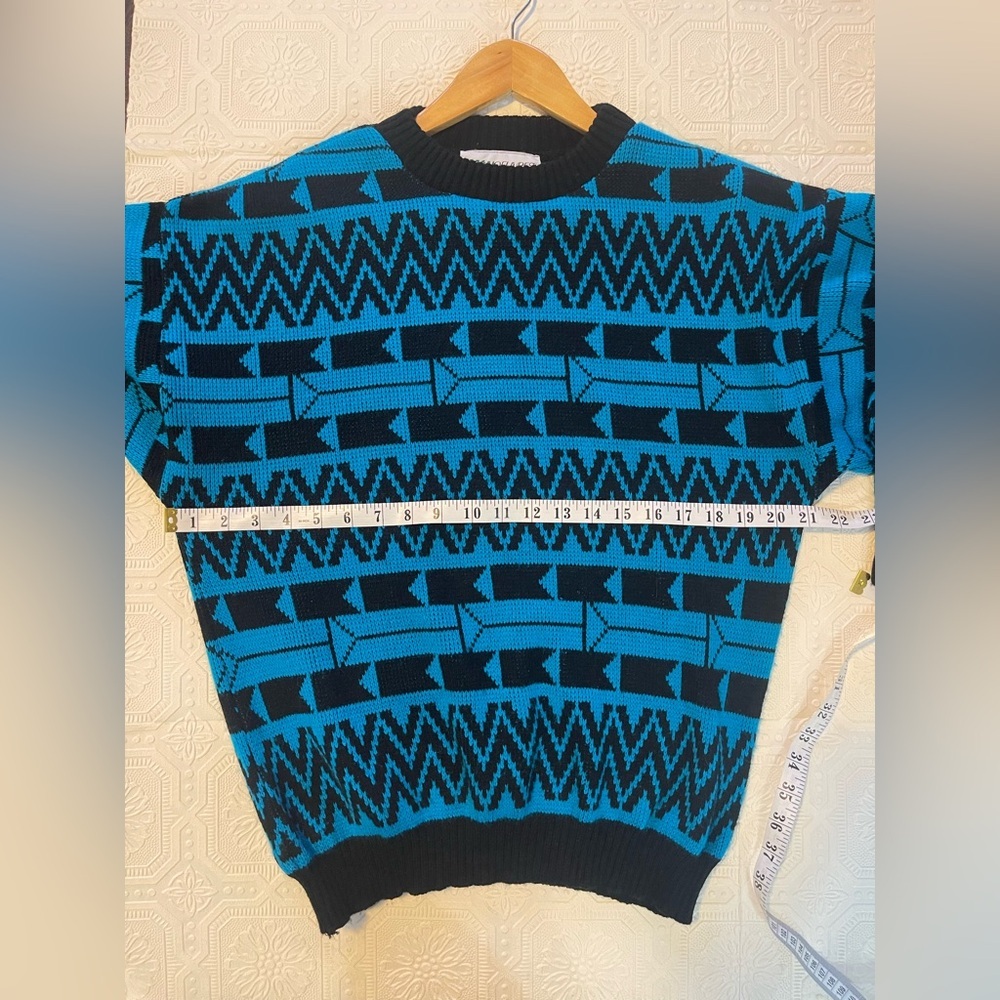 Vintage Geometric Retro Blue and Black Mens Crewneck Pullover Sweater Sz Large - Picture 9 of 10